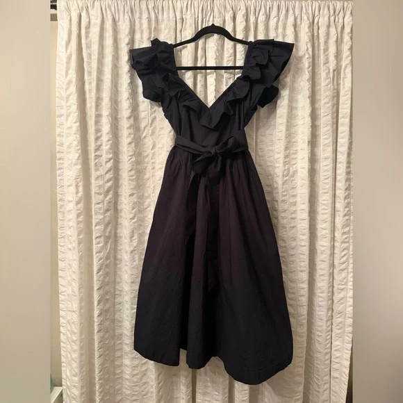 Hill House Ava Nap Dress in Black Cotton Poplin Midi Ruffle Sleeve Smocked Back - Picture 6 of 7